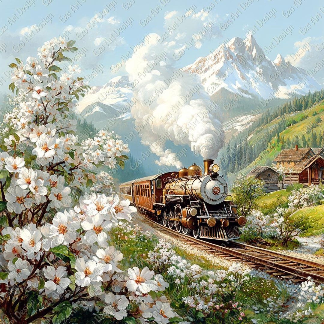 Spring Train Background Spring Train Clipart, Steam Engine Art, Alpine Journey (digital ...
