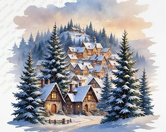 Christmas Winter House Clipart, Watercolor Snowy Forest Printable Art, Christmas Village Digital Print