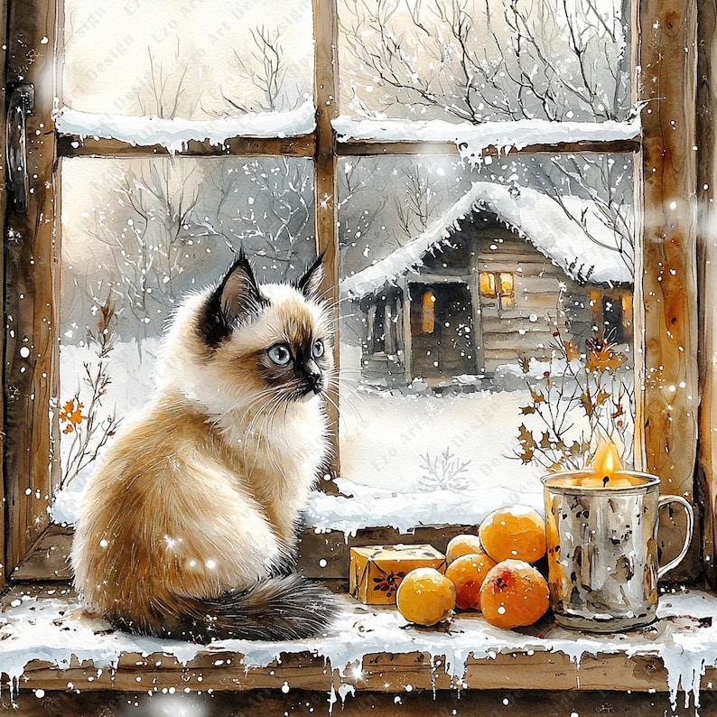 Clipart de fenêtre hiver chaton, art chat siamois (téléchargement numérique) image 1
