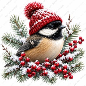 May include: A digital illustration of a small bird wearing a red knit hat with a white pom-pom. The bird is perched on a bed of evergreen branches and red berries, dusted with snow. The artwork has a winter or holiday theme.