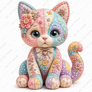 May include: A plush cat figurine crafted from patchwork fabric in pastel shades of pink, blue, and yellow. The cat features floral patterns, a lace collar with a heart charm, four colorful buttons down the chest, and a large flower on its ear.