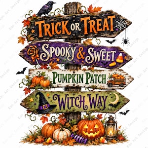 以下が含まれることがあります： ハロウィーンをテーマにした4つの方向矢印が付いた木製の標識。看板には「Trick or Treat」、「Spooky & Sweet」、「Pumpkin Patch」、「Witch Way」と書かれています。黒いカラス、コウモリ、クモ、秋の葉、カボチャ、ランタンで装飾されています。