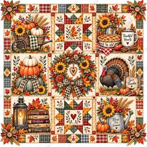May include: A square fabric quilt featuring a patchwork design with autumn themes. Panels display pumpkins in a wooden cart, a sunflower wreath, a turkey, a lantern with stacked books, and a watering can. Text includes Thankful Hearts, Give Thanks, and Bless This Season.