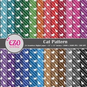 May include: A set of 24 digital paper designs featuring a white silhouette of a cat on a striped background. Each design has a different color background, including teal, green, orange, red, pink, purple, blue, brown, and gray. The designs are 12 inches by 12 inches and 3600 pixels by 3600 pixels.