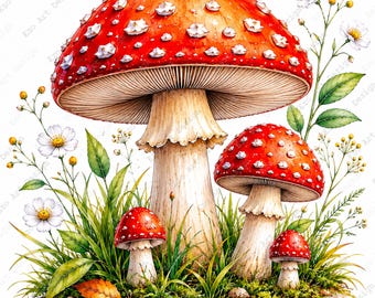 Red Mushroom Clipart, Watercolor Toadstool Botanical Forest Art, Nature Fungi Print (Digital Download)
