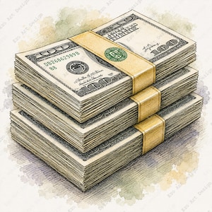 May include: A stack of three bundles of United States one hundred dollar bills, each secured with a tan paper currency strap. The bills feature the standard green and black ink design with visible serial numbers and the United States of America text.