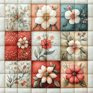 May include: A patchwork quilt with nine squares, each displaying a floral design. The flowers are painted in watercolour, with shades of red, pink, white, and blue. The background is cream-coloured, and the squares are stitched together in a grid pattern.