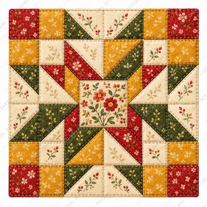 May include: A square quilt block featuring a central panel with a red floral motif surrounded by a geometric pattern of triangles and squares. The design uses a color palette of red, mustard yellow, dark green, and cream with botanical prints.