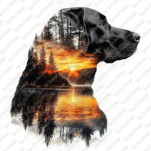 May include: A black Labrador Retriever silhouette with a sunset scene reflected in a lake. The image features a vibrant orange and yellow sunset, with trees and water. The dog's outline is filled with the landscape.