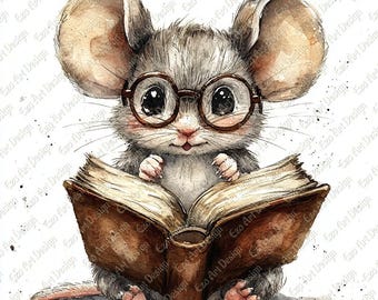 Clipart de ratón de biblioteca, libro de lectura para estudiantes (descarga digital, 10 archivos JPG)