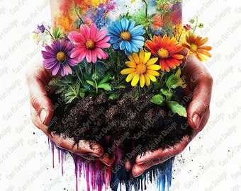 Hands Holding Flowers Clipart, Soil JPG Art (Digital Download)
