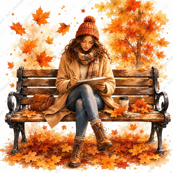 Autumn Girl Clipart, Watercolor Fall Park Bench, Cozy Season