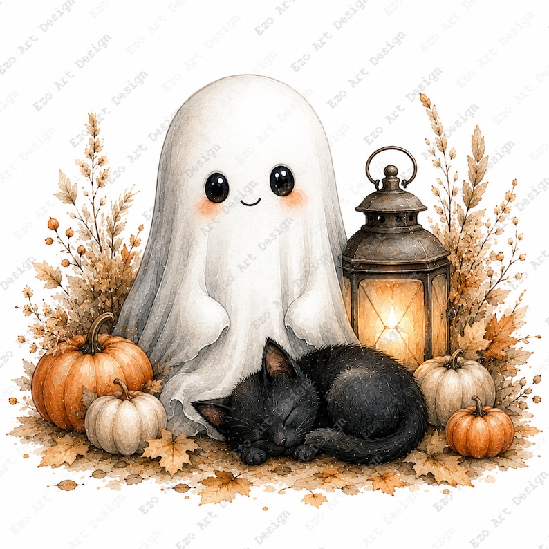 Puede incluir: Una ilustraci&oacute;n de un fantasma blanco con grandes ojos negros y mejillas rosadas, junto a una linterna de metal encendida, un gato negro dormido y varias calabazas naranjas y blancas rodeadas de hojas de oto&ntilde;o secas y trigo.