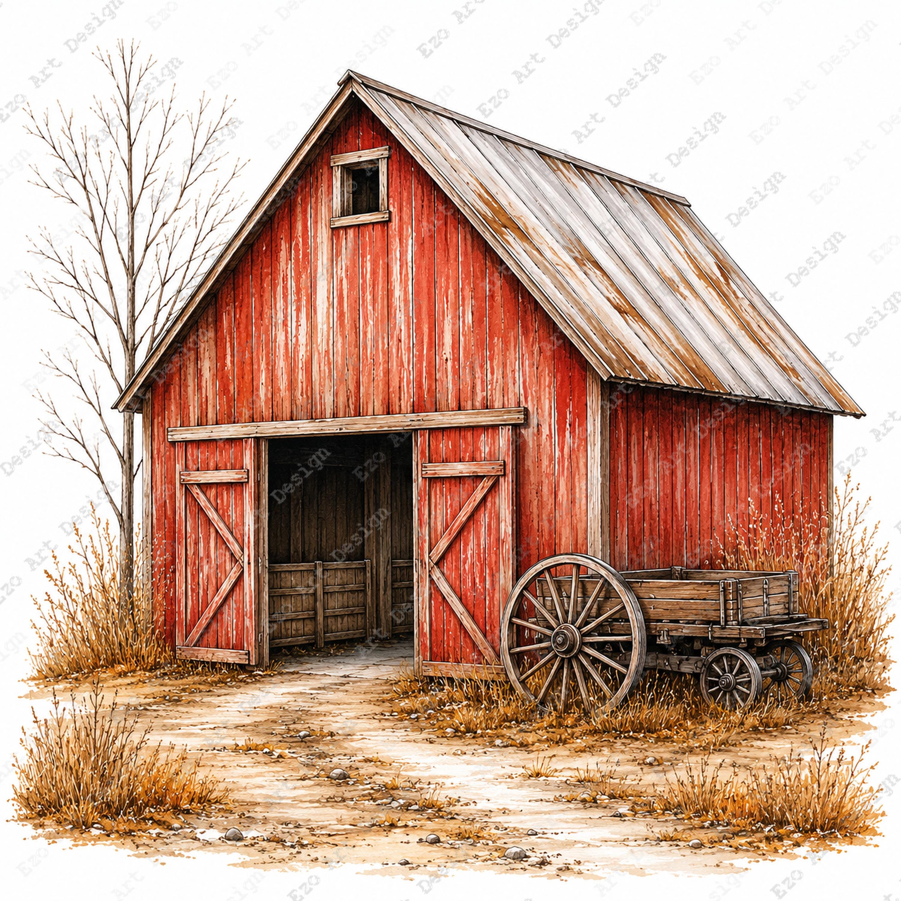 Rustic Barn Farmhouse Clipart, Vintage Country Farm Building Art, Rural ...