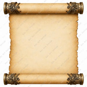 May include: A blank, light tan parchment scroll with rough, deckled edges. The scroll is rolled at the top and bottom, featuring ornate, dark metallic end caps with intricate, raised floral and scrollwork patterns on both sides.