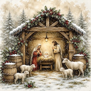 Op de afbeelding: Waterverfillustratie van de kerststal. De scène toont Maria, Jozef en het kindje Jezus in een kribbe, omringd door schapen. De stal is versierd met hulst en sneeuw.