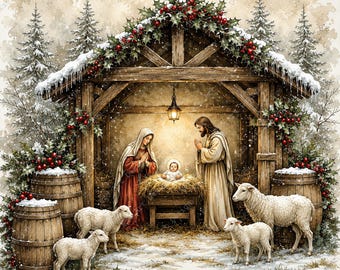 Imágenes prediseñadas de la Natividad, Pesebre de la Sagrada Familia, Acuarela religiosa (Descarga digital)