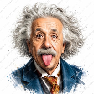 May include: Digital art portrait of Albert Einstein with his tongue out. He has grey hair and a moustache, wearing a blue jacket and a patterned tie. The background is white with blue and black paint splatters.