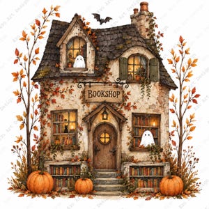 May include: A two-story bookshop building with a dark shingled roof, stone walls, and a wooden door. The shop features windows displaying bookshelves, two white ghost figures, and a sign reading BOOKSHOP. Orange pumpkins and autumn trees surround it.