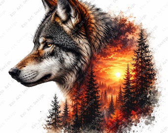 May include: A digital art print featuring a wolf's profile with a sunset scene. The wolf has brown, gray, and white fur, and the sunset includes orange, red, and yellow hues. The background includes pine trees.