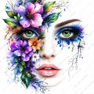 Bloemen gezicht clipart, paarse bloem oog portret, fantasie vrouw afdrukbare kunst (digitale download)