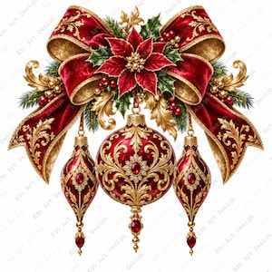 May include: A decorative Christmas ornament set featuring a large central sphere and two teardrop-shaped pendants in deep red with intricate gold filigree and embedded red gems, suspended from a large red velvet bow with gold trim and poinsettia.