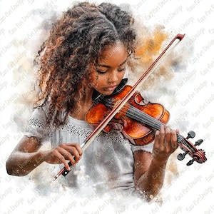 Peut inclure: Illustration de style aquarelle d'une personne jouant du violon. Le violon est de couleur brun chaud avec un archet rouge. La personne porte un haut blanc. Le fond présente de doux lavis de couleurs à l'aquarelle.