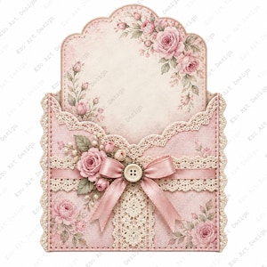 Puede incluir: Un tarjetero decorativo rosa con forma de sobre y borde superior festoneado, adornado con rosas rosas impresas, encaje color crema, un lazo de satén rosa y un botón central de cuatro agujeros sobre una superficie con textura de tela.