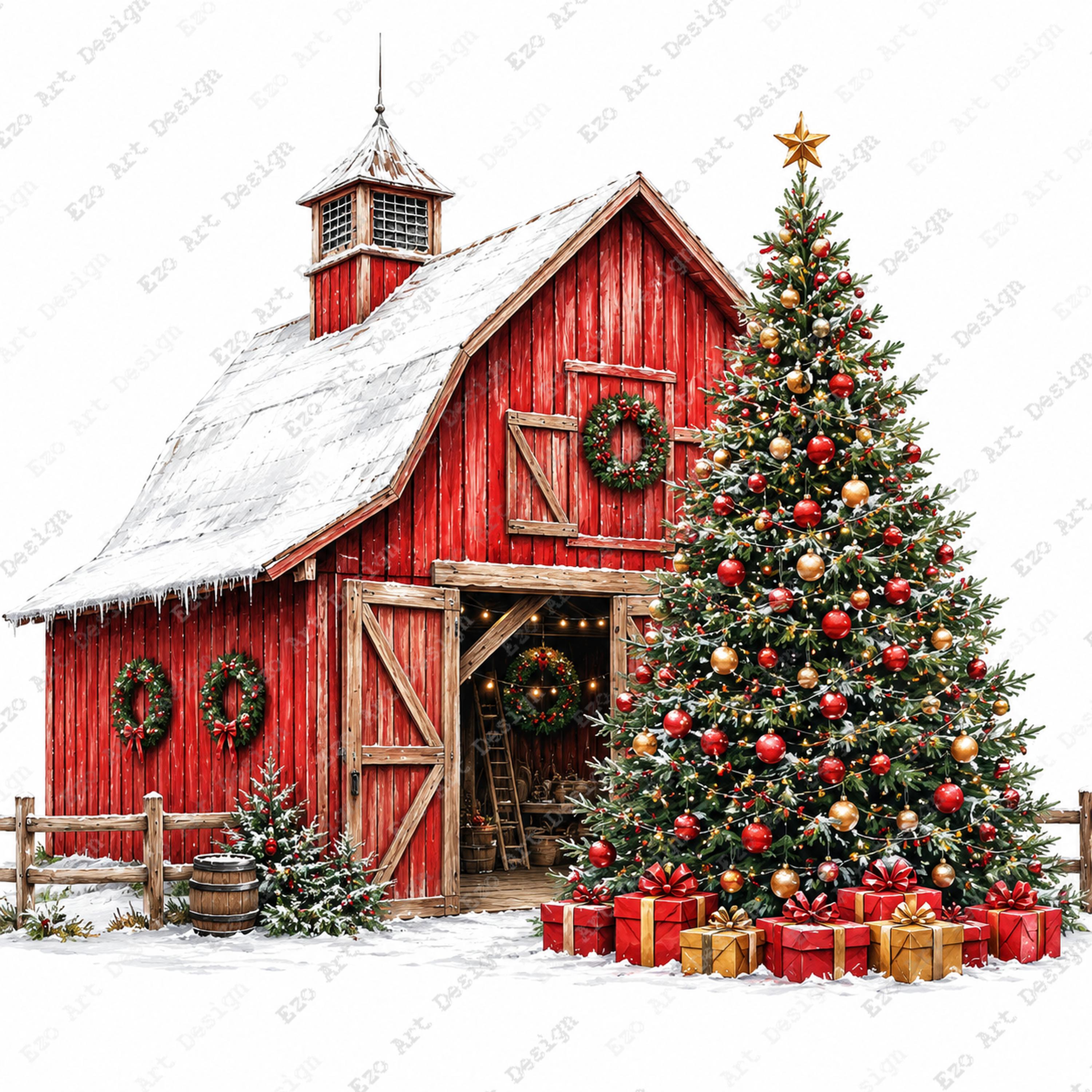 Christmas Farm Clipart, Red Barn Snow Tree Holiday Design, Winter