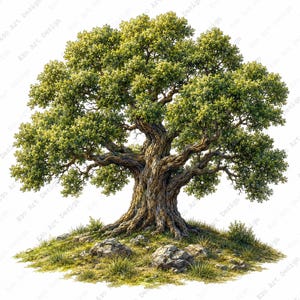 Pode incluir: Uma árvore grande e madura com um tronco castanho grosso, retorcido e texturizado, com ramos espalhados cobertos por uma folhagem verde densa e vibrante. A árvore está enraizada num pequeno monte relvado com rochas cinzentas e erva.