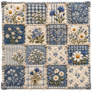 Pode incluir: Um bloco de colcha quadrado em tecido com uma grelha de dezasseis quadrados em têxteis azuis e creme. Cada quadrado apresenta bordados intrincados de várias flores silvestres, incluindo margaridas e centáureas, além de padrões de xadrez, riscas e flores.