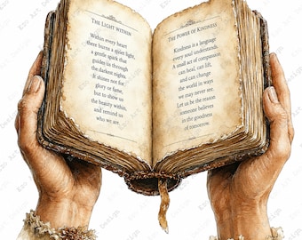 Immagine clipart di una Bibbia aperta, mani che reggono un versetto biblico, arte religiosa, stampa di un libro cristiano (download digitale)