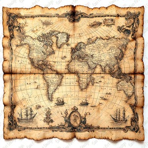 Pode incluir: Um mapa-múndi vintage com aparência de pergaminho. O mapa apresenta ilustrações detalhadas de continentes, oceanos e veleiros. As bordas são desgastadas, dando-lhe uma estética antiga. Rolagens decorativas emolduram a parte superior e inferior.