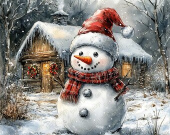 ヴィンテージクリスマス雪だるまクリップアート、水彩画冬アート（デジタルダウンロード）