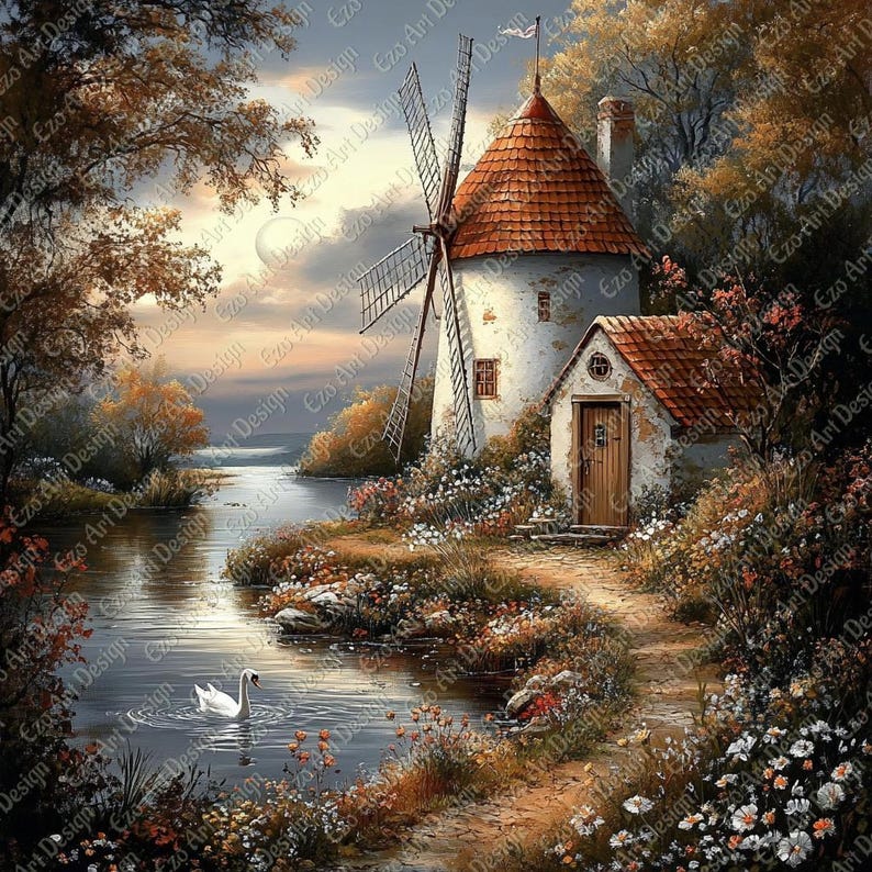 Windmill Clipart, Cottagecore Sunset Wall Art, Vintage Landscape ...