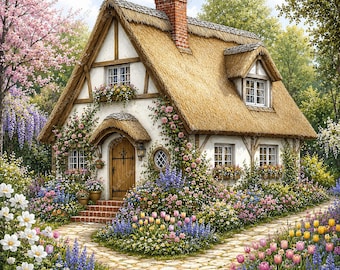 Whimsical Cottage Clipart, Garden House Art, English Countryside Illustration (Digital Download)