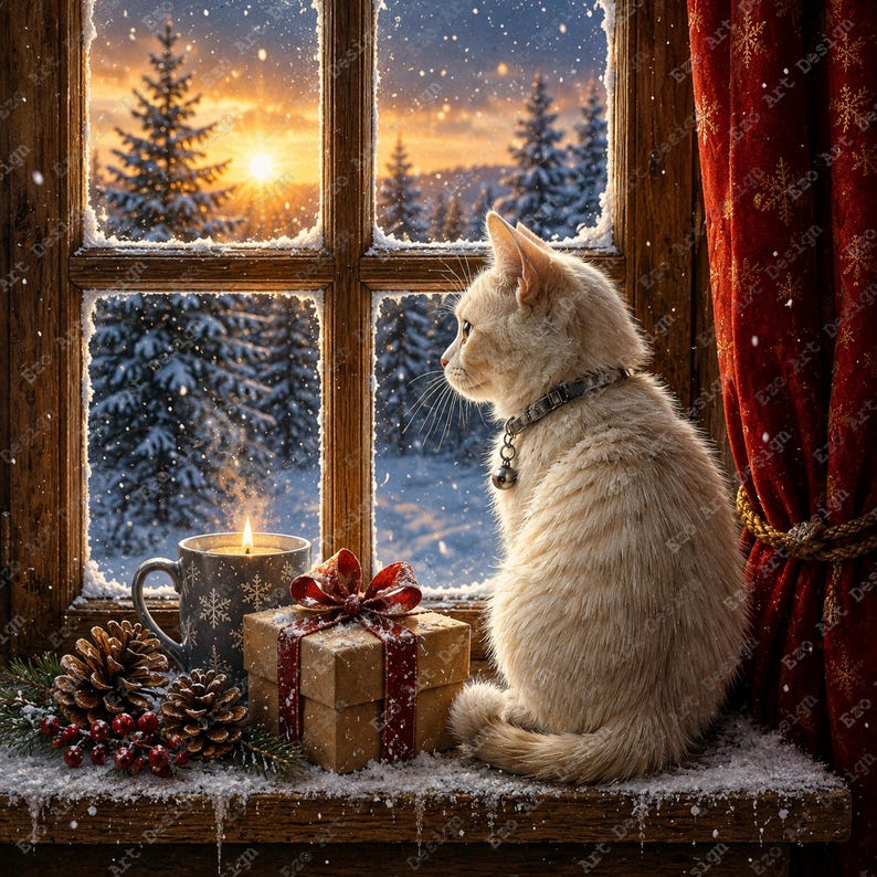 May include: A light-colored cat with a bell collar sits on a snowy windowsill next to a gift box with a red ribbon, a lit candle in a snowflake-patterned mug, and pine cones with red berries, all framed by a window overlooking a winter forest.