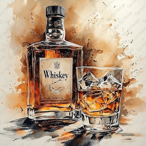 Whiskey Bottle Glass Clipart AI-Generated Art (Digital Download, 10 JPGs)
