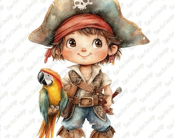 Pirate Boy Clipart, Parrot, Cartoon Pirate Ship (Digital Download)