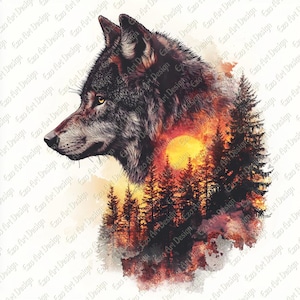Wolf and Forest Clipart, Sunset Watercolor Art (Digital Download)