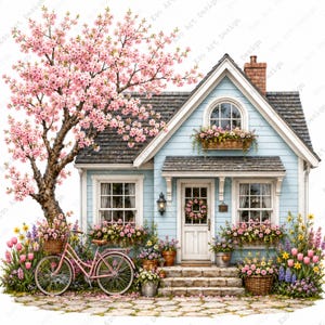 May include: A charming illustration of a light blue cottage with a pink bicycle and a blossoming cherry tree. The cottage has a gray roof, white trim, and is surrounded by colorful flowers in baskets and pots. A pink bicycle is parked near the front.