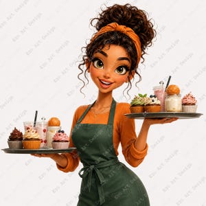 Illustrazione digitale di una chef nera, fornaia in stile cartone animato, cuoca afroamericana da stampare (download digitale)