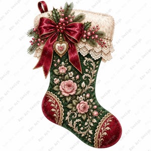 Peut inclure: Une chaussette de Noël vert foncé et rouge profond avec un revers en fausse fourrure crème et une bordure en dentelle. Elle est ornée d'un grand nœud en satin bordeaux, de baies de houx, d'aiguilles de pin et d'un pendentif en forme de cœur.