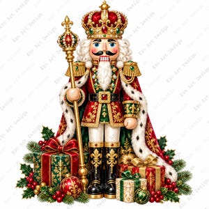 Peut inclure: Une figurine de casse-noisette portant un uniforme rouge et vert avec des détails dorés, une couronne et une cape blanche bordée de fausse fourrure. La figurine tient un sceptre doré entourée de cadeaux, de houx et de boules de Noël.