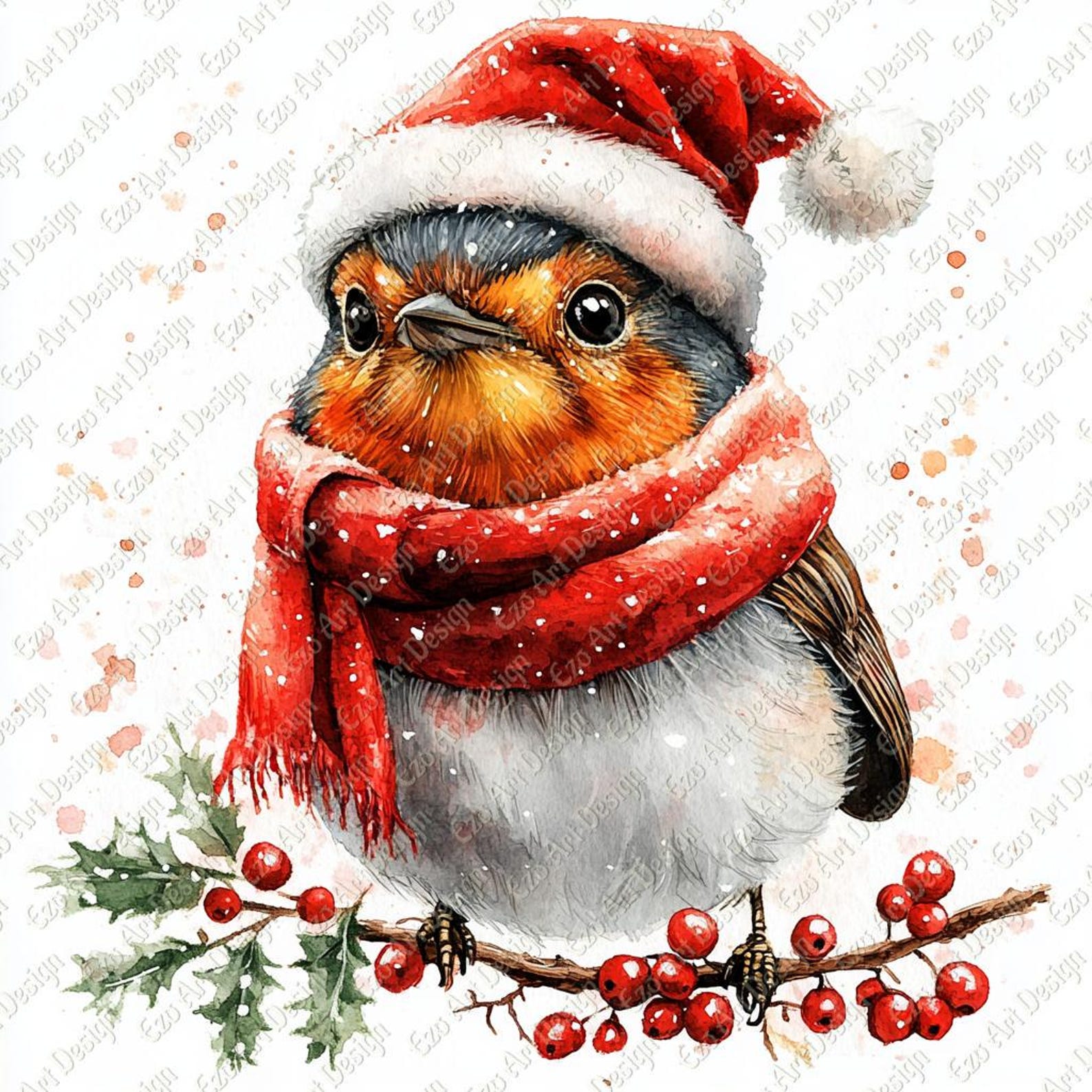 Christmas Robin Clipart, Santa Hat Bird JPG (digital Download) - Etsy