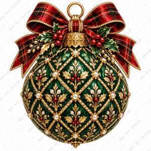 May include: A spherical Christmas ornament featuring a deep green diamond-patterned surface with gold filigree, white pearls, and red berries. It is topped with a large red and green plaid ribbon bow and holly leaf accents.