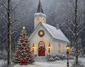 Clipart église de Noël, art de la chapelle enneigée, illustration du village d'hiver (téléchargement numérique)