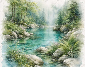 Wald Fluss Clipart, Aquarell Natur Szene druckbare, neblige Landschaftskunst (digitaler Download)