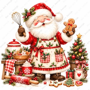 Puede incluir: Una figura de Santa Claus con abrigo rojo y delantal blanco con motivos de acebo, sosteniendo un batidor de metal y un hombre de jengibre. La escena incluye un rodillo rojo, una taza con un copo de nieve, un árbol de Navidad y galletas.