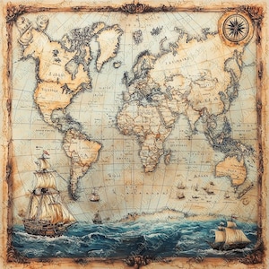 Puede incluir: Un mapa del mundo antiguo con una brújula en la esquina superior derecha. El mapa está rodeado de un marco decorativo y presenta un barco navegando en un océano azul en la parte inferior de la imagen.